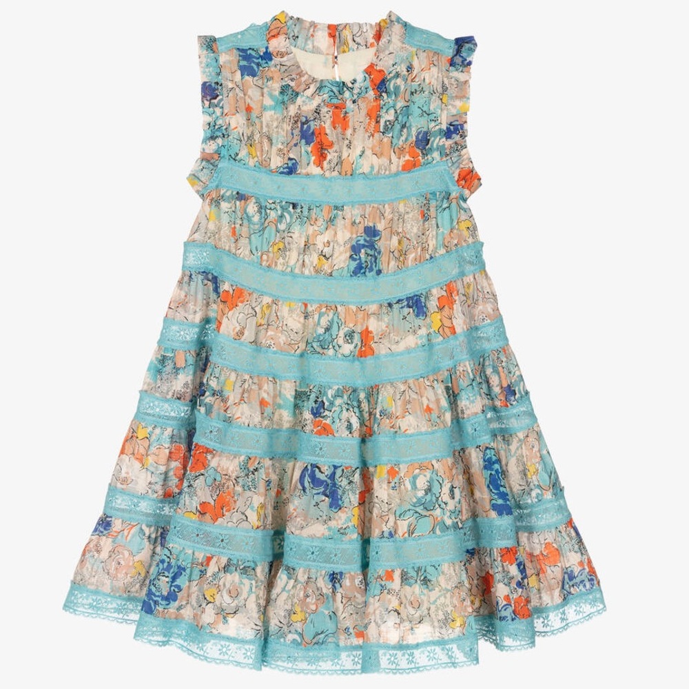 Zimmermann Blue Floral Lace Tiered Girls Dress